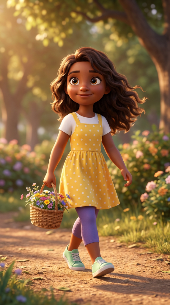 Jadery — The Bridge, a girl with a flower basket walking through a sunlit garden
