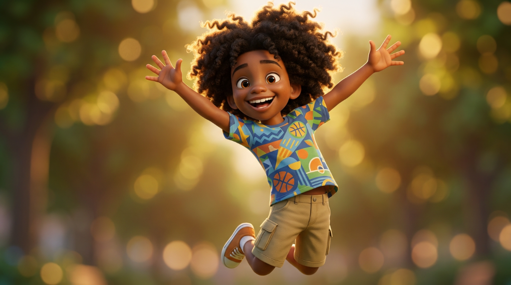 Levi — The Competitor, a joyful boy leaping in the air outdoors